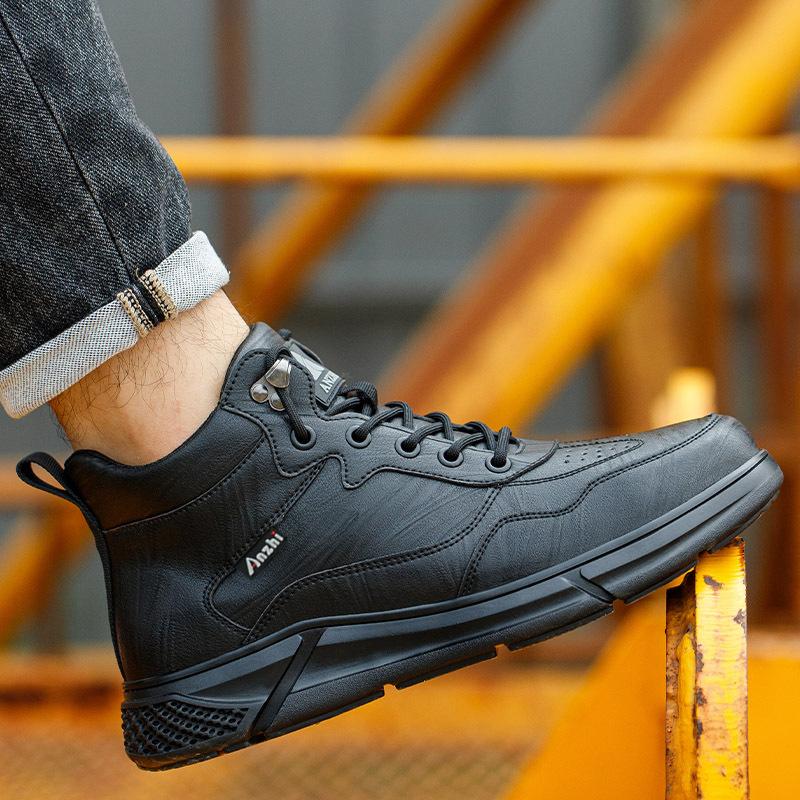 Fashion Waterproof Work Boots Safety Steel Toe Shoes Men Work Sneakers High Top Safety Shoes Men Protective Boots Mens Leather Boots