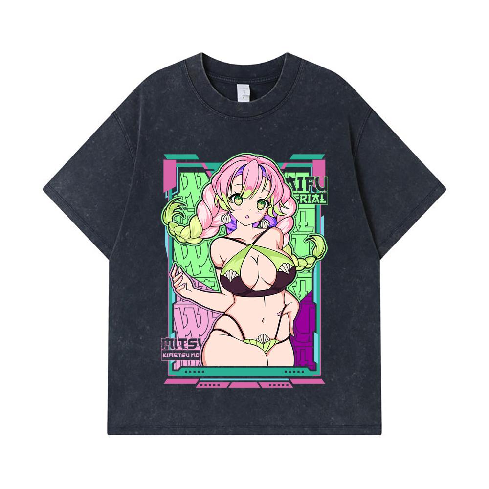 275 GSM Washed T-shirts 100% Cotton Demon Slayer V53 Mitsuri Waifu Print Unisex Heavy Cotton T Shirt