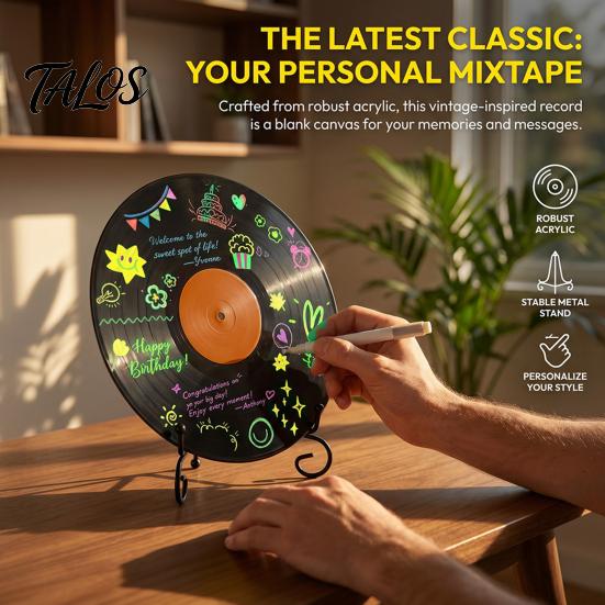 Artistic Record Displays Vinyl DIY Graffiti Clock Ornament, Blank Acrylic Retro Tabletop Wall Personalized Gift Ideas Decor with Stand, Reusable