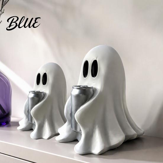 Halloween Themed Home Decor Ghost Figurine with Drinks Resin Statue Cute Spooky Desktop Table Ornament for Party Tabletop Decorations And