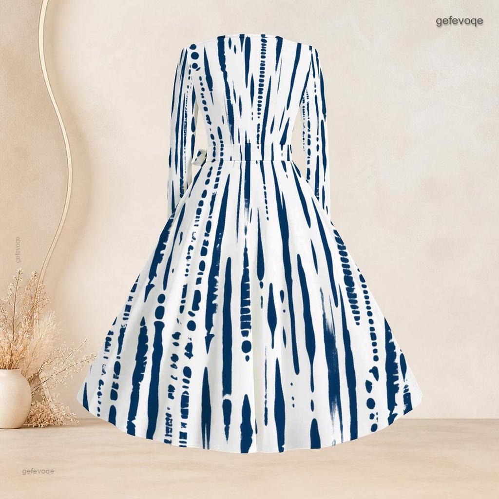 Plus Size Women Square Neck Long Sleeve Blue White Printed A Line Dress With Belt
