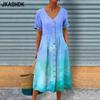 Women's Fashion Summer Spring Colour Block Print Short Sleeve V-Neck Loose Waistline Casual Dresses