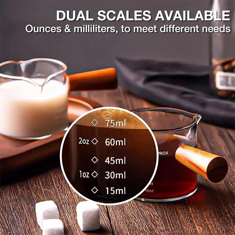 75ML Espresso Measuring Cup Wooden Handle Cup with Scale High Borosilicate Double Mouth Milk Latte Coffee Measure Mug Glass