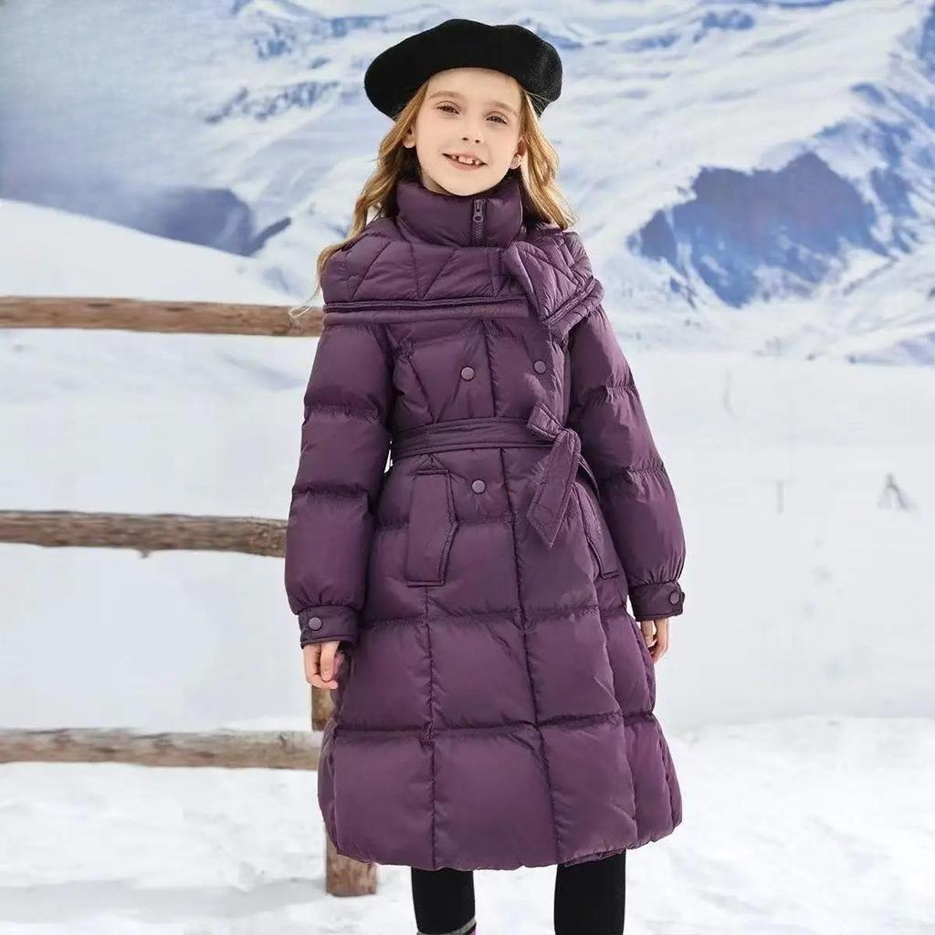 -30℃ Long Style Girls Jacket Winter Solid Color Thick Warm Fashion Hooded Trench Coat for 5-12Y Kids Cotton Down Snowsuit