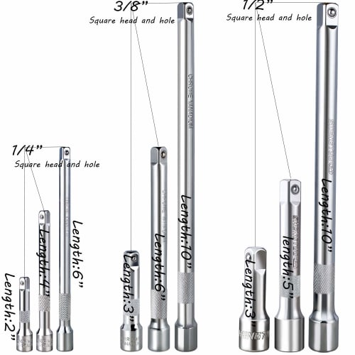 Extension Socket Bar Set, Socket Adapter for U-Joints, 1/4", 3/8", and 1/2" Drive