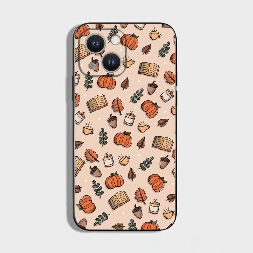 Autumn Leaves Pumpkin Phone Case For iPhone 16,15,14,13,12,11 Plus,Pro Max,XS,X,XR,SE,Mini,8,7,Soft Silicone Black Cover