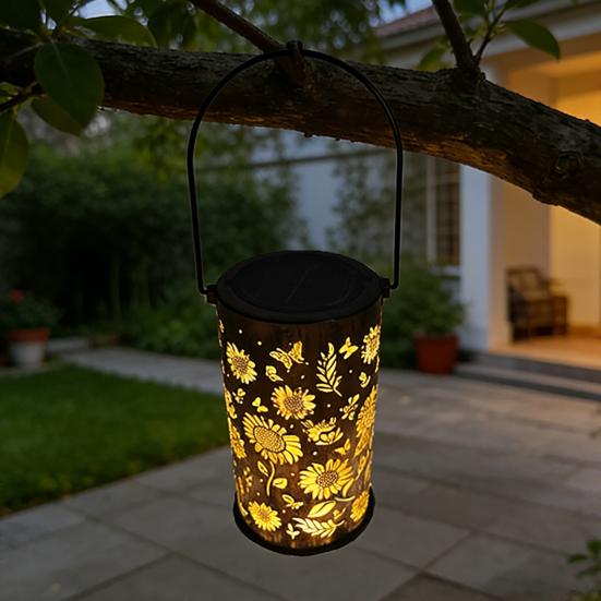 Solar Sunflower Garden Lantern Hollow-Out Waterproof Outdoor LED Hanging Light for Yard Patio Fence Energy-Saving Landscape Lighting