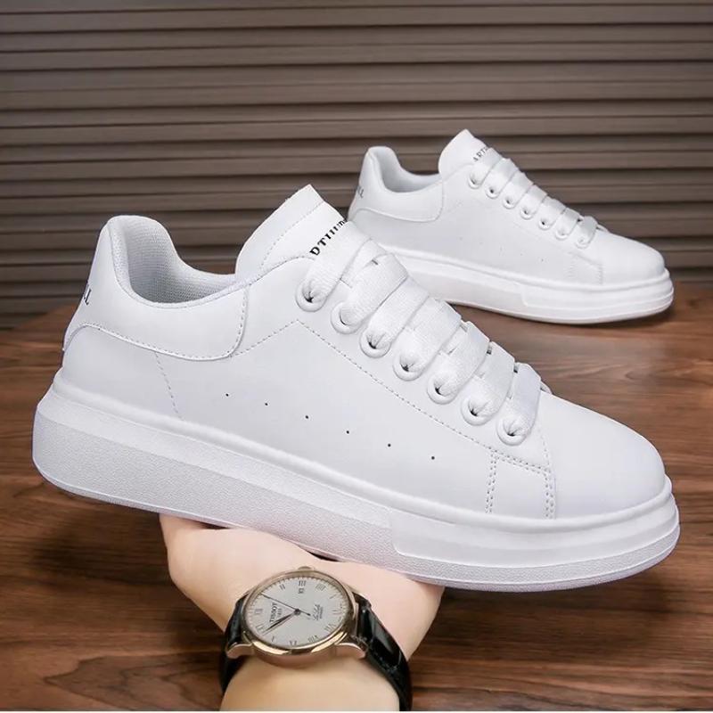 Men White Heel Contrast Platform Skate Sneakers Smooth Leather Thick Layered Sole Waterproof Daily Street Casual Board Shoes