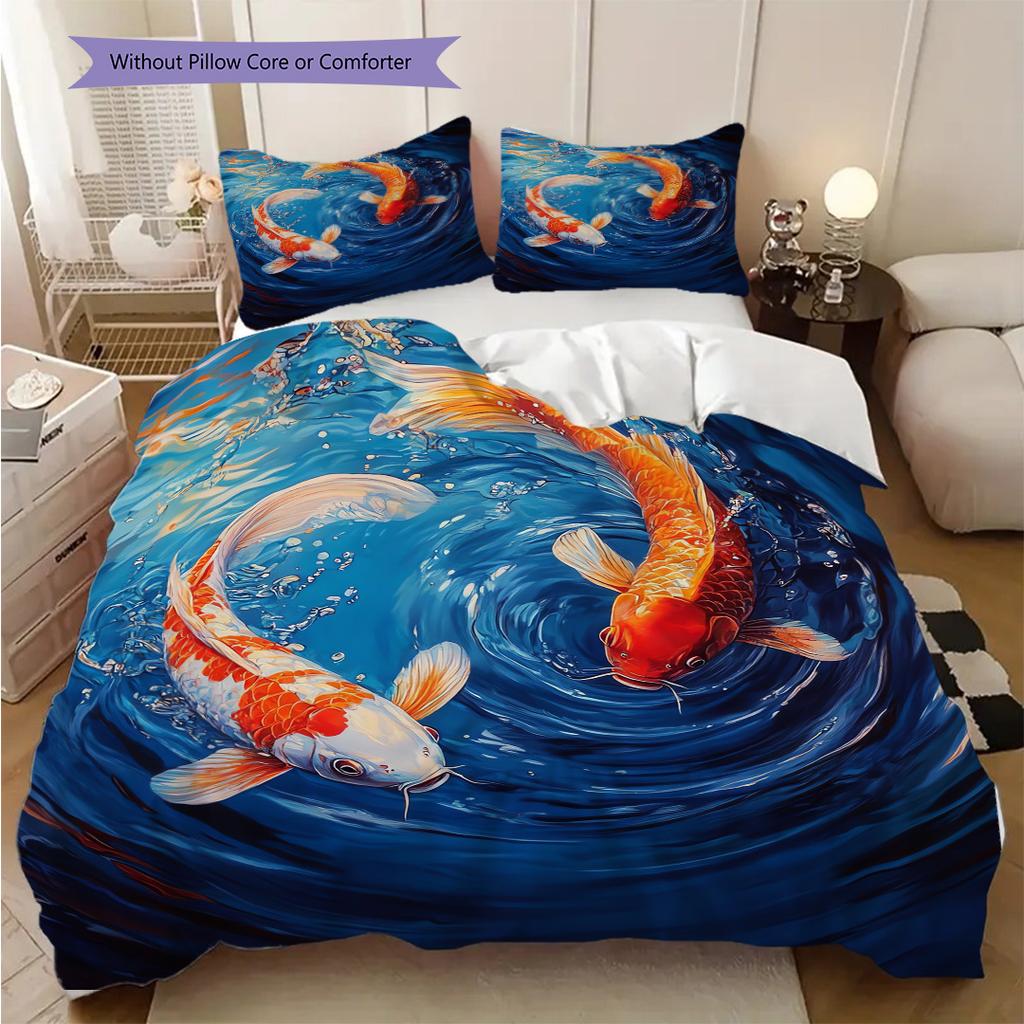 Koi Fish Pattern Bedding Quilt Set Quilt Cover Pillowcase Home Decoration Birthday Gift (1 * Duvet Cover + 2 * Pillowcase, Without Core)
