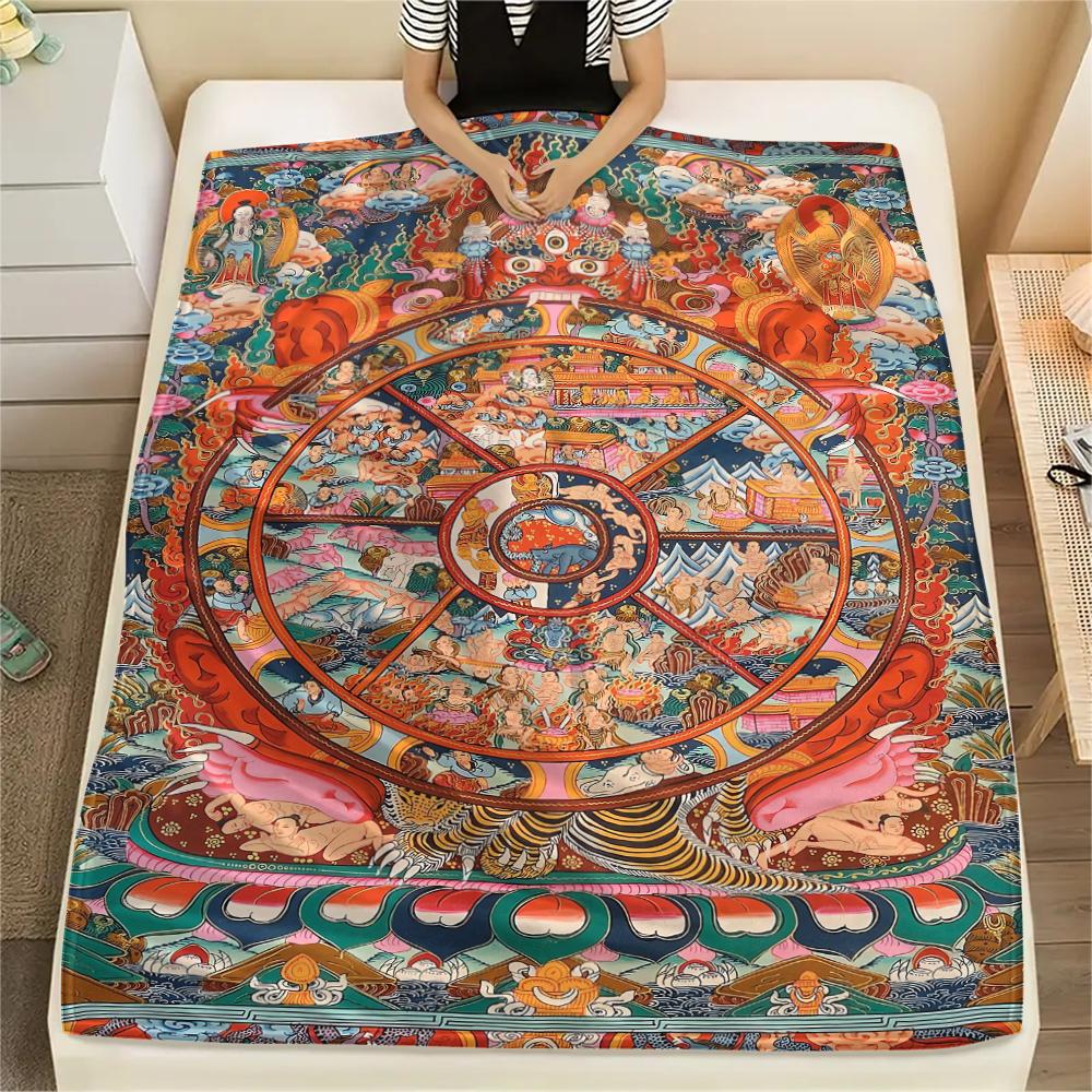 1Pc Buddhism Wheel Print Flannel Blanket, High quality Comfortable for All Seasons, Home Decor, Warmth and Comfort, Perfect for Christmas Gifts