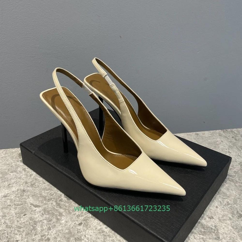 Fashion Slip On Back Strap Slingback Thin High Heels Patent Leather Square Shallow Women Pumps Pointed Toe Sexy Fashion Sandasl Pumps