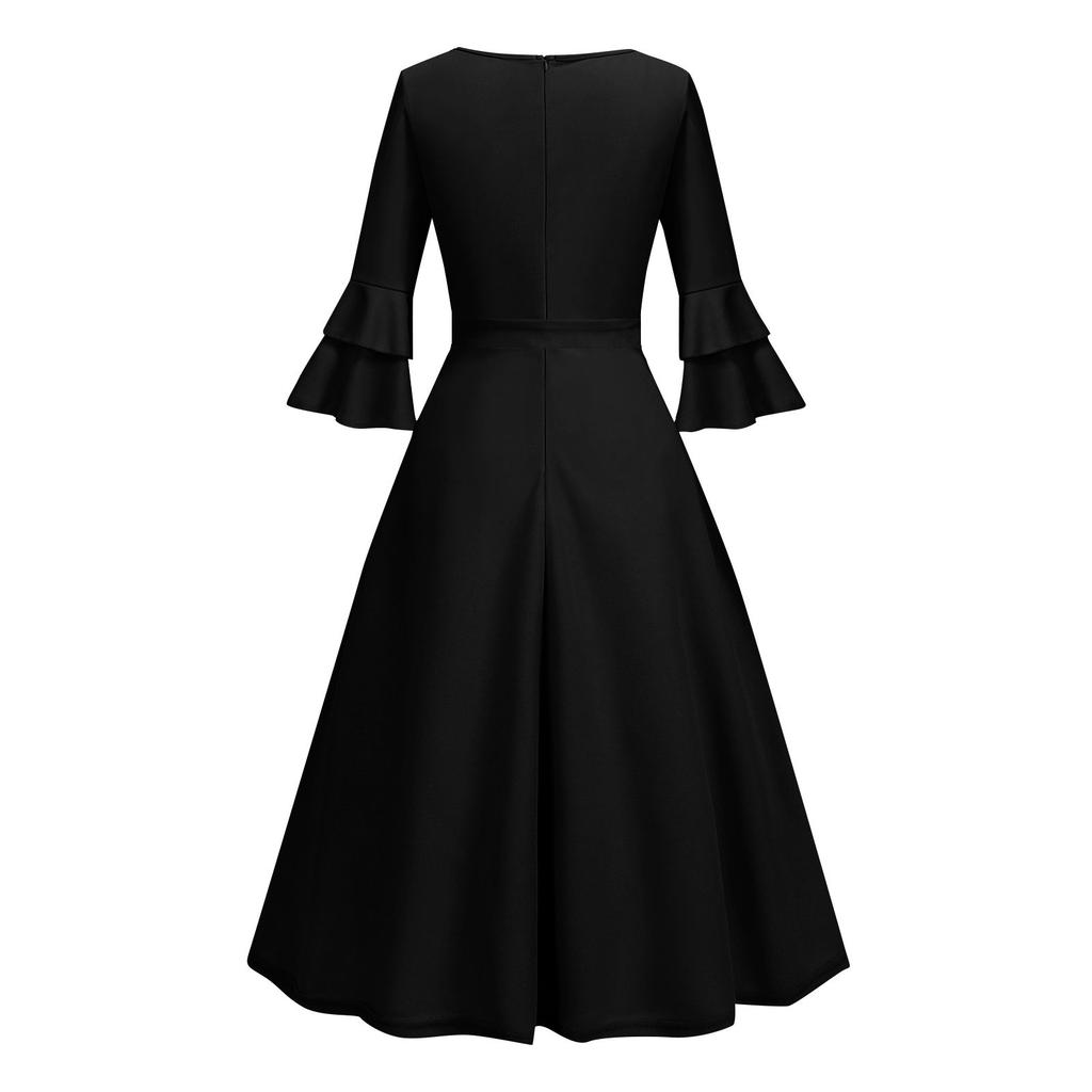 Women's Elegant Bell Sleeve Cocktail Party Dresses For Wedding Guest Fit And Flare Church Midi Evening Dress