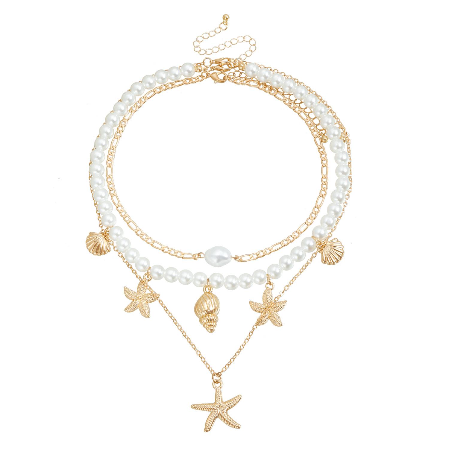 Ocean Elements Starfish Pendant Pearl Necklace Summer Beach Vacation ins Wind Collarbone Chain золотой