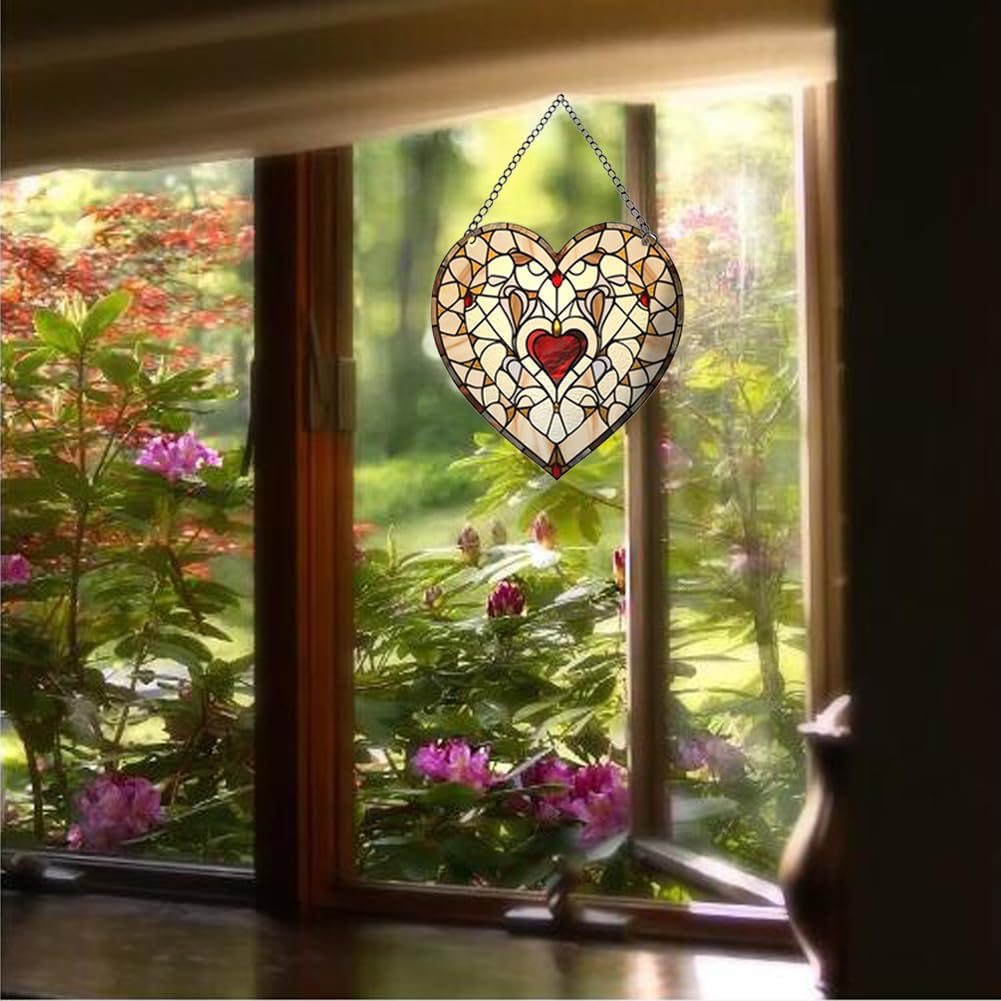 Heart-Shaped Stained Acrylic Window Hanging,Red Heart Acrylic Window Decor Stained Panel Hangings Wall Art Decor for Valentine's Day Birthday Home
