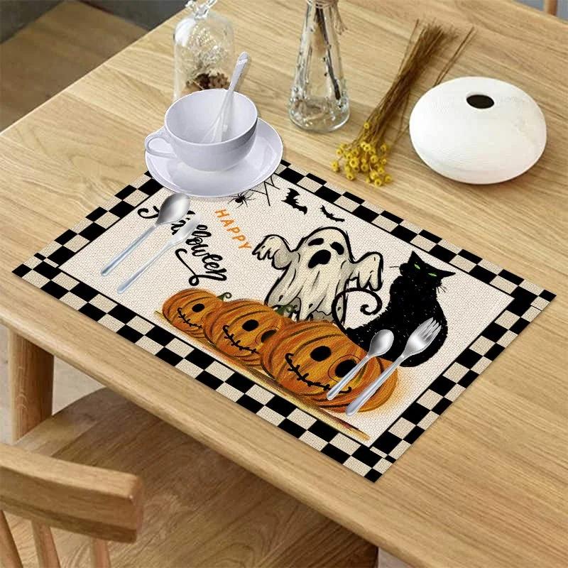 42x32cm Halloween Plaid Linen Dining Tables Mat Heat Resistant Placemat For Table Drink Cup Coaster Home Kitchen Accessories