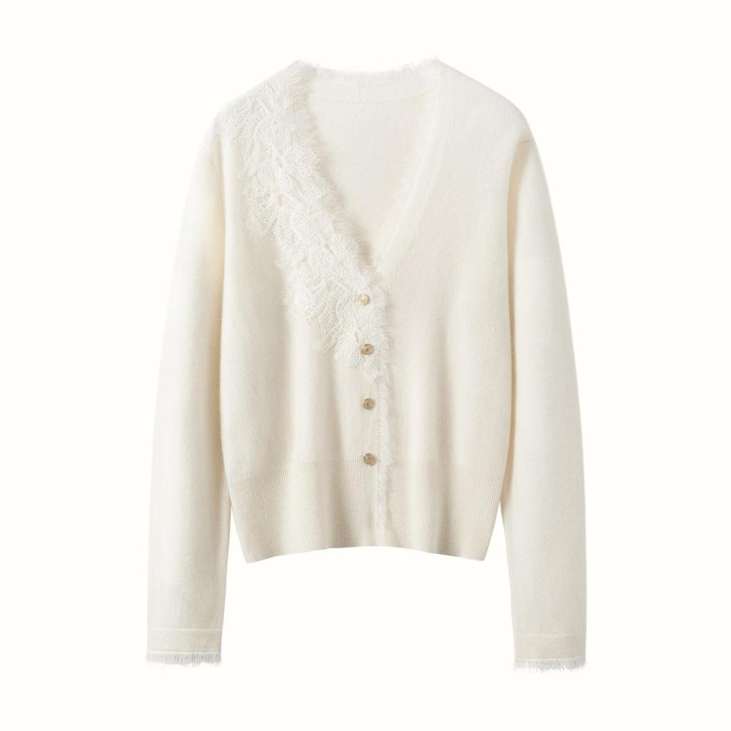 Women's Cashmere V-Neck Patchwork Lace Trim Cardigan