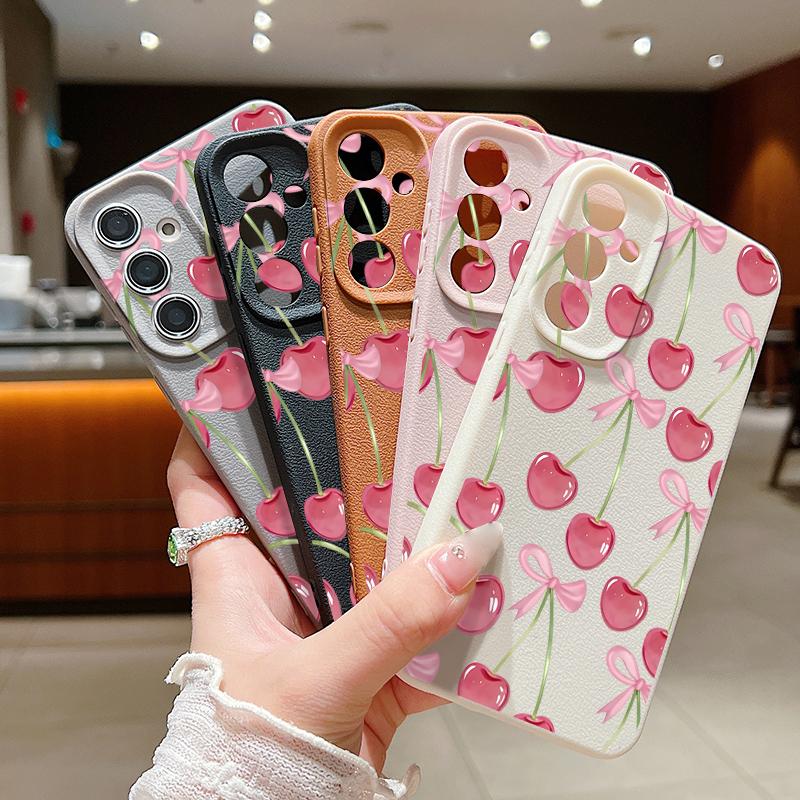 Crystal Cherry Fruits Bowknots Case For Samsung Galaxy A57 A37 A17 A56 A36 A26 A16 A55 A35 A25 A15 A54 5G S21 FE S22 S23 S24 Plus S25 Edge S26 Ultra