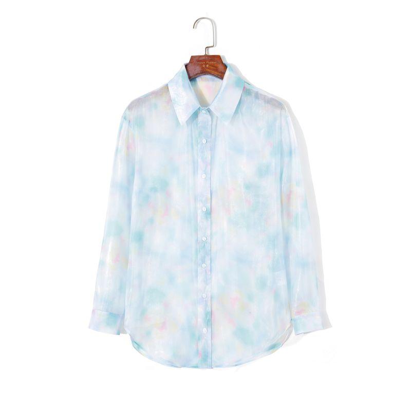 

Женская весенняя одежда 2025 года K-стиль Свежая цветная печать и крашение Лацкан Однобортная Свободная Длинные рукава Легкая и тонкая Прозрачная рубашка Tie-dye S