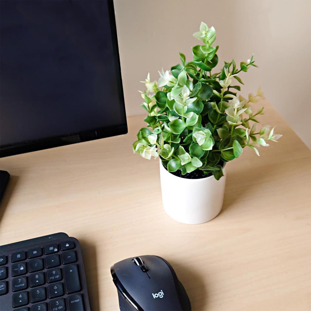 Faux Greenery Pot Set Eucalyptus and Artificial Flower Faux Tabletop Potted (3 Pieces) Eucalyptus, (Flocked), Boxwood. Stylish, Pot, Houseplant,