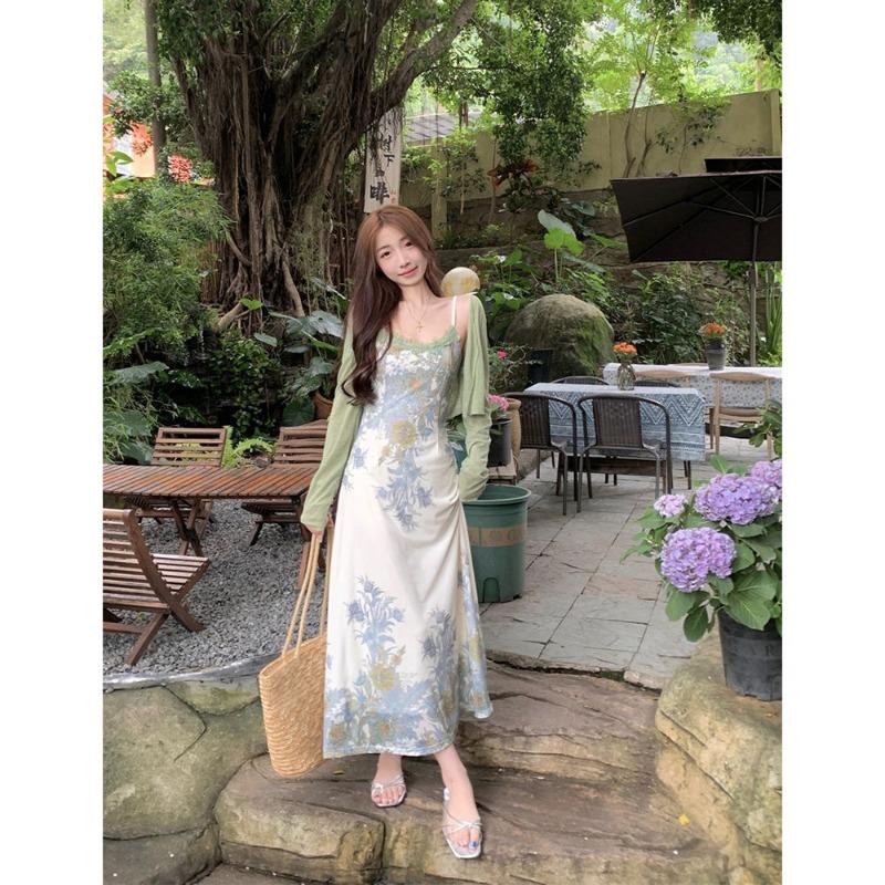 Vestido estilo Pure Desire com costura de renda estampado estilo sling vestido feminino verão novo estilo francês elegante elegante elegante slim look vestido longo moderno