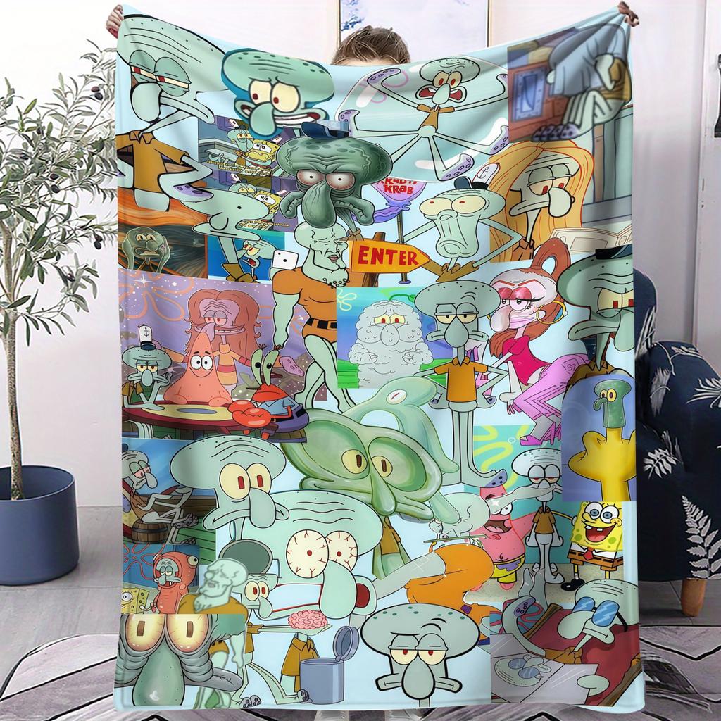 Multiple Cute SpongeBob Cartoon Print Pattern Flannel Blanket Soft Multifunctional Decortive Universal Throw Blanket Gift