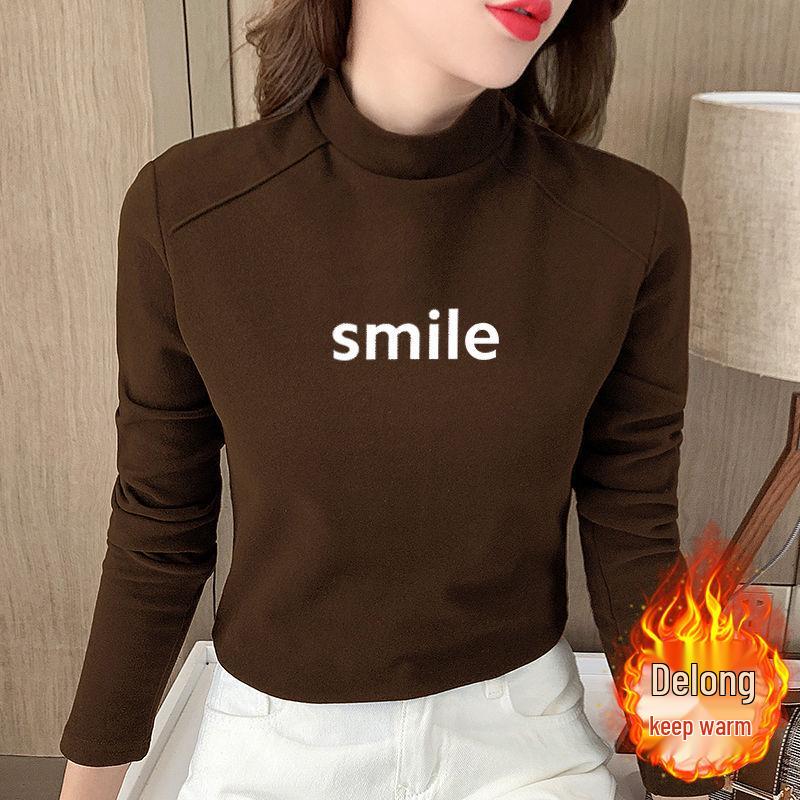 Double-Sided Velvet Long-Sleeve Semi-High Collar Fleece-Lined Women's Base Shirt - Slim Fit, Spring/Autumn Style