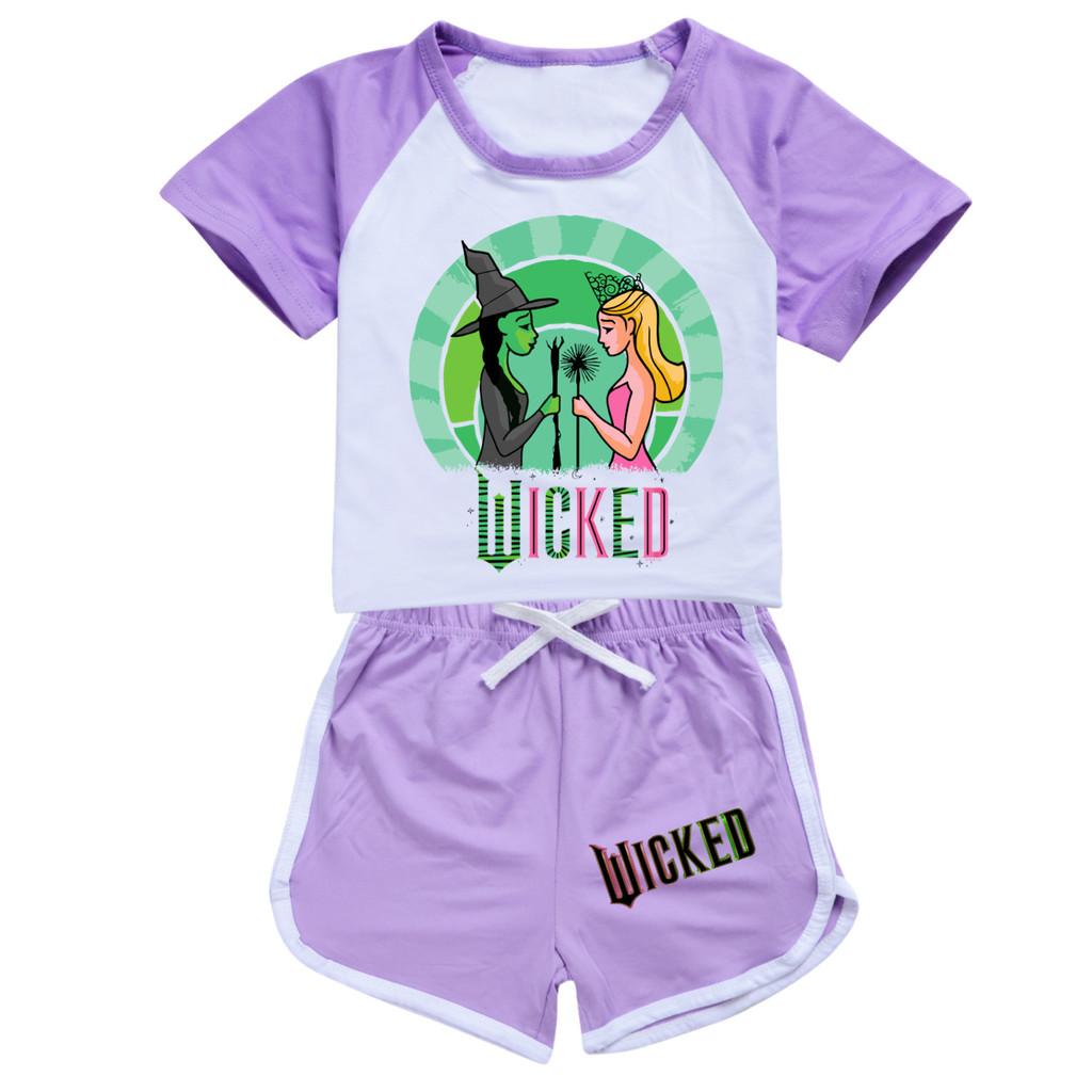 Kids Girls Witch Print Short Sleeves T-Shirt Shorts Pants Sport Clothes Set
