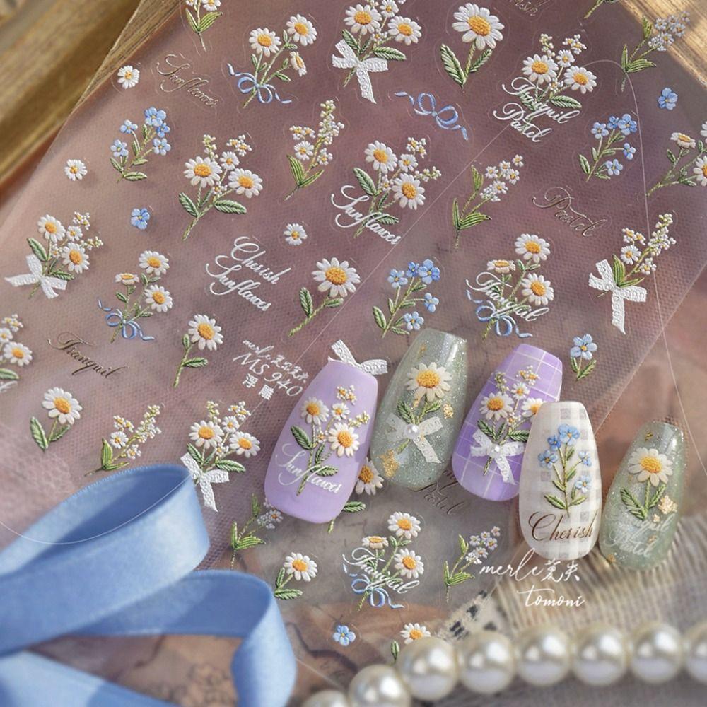 Daisies Sunflower Wildflowers Spring Embossed Nail Stickers Waterproof Self-adhesive 3D Nail Art Decals Gold and Silver