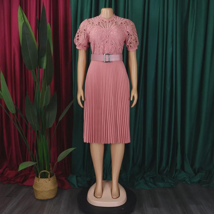 2024 European American Style Women Lace Pleated Short Sleeve Dress
