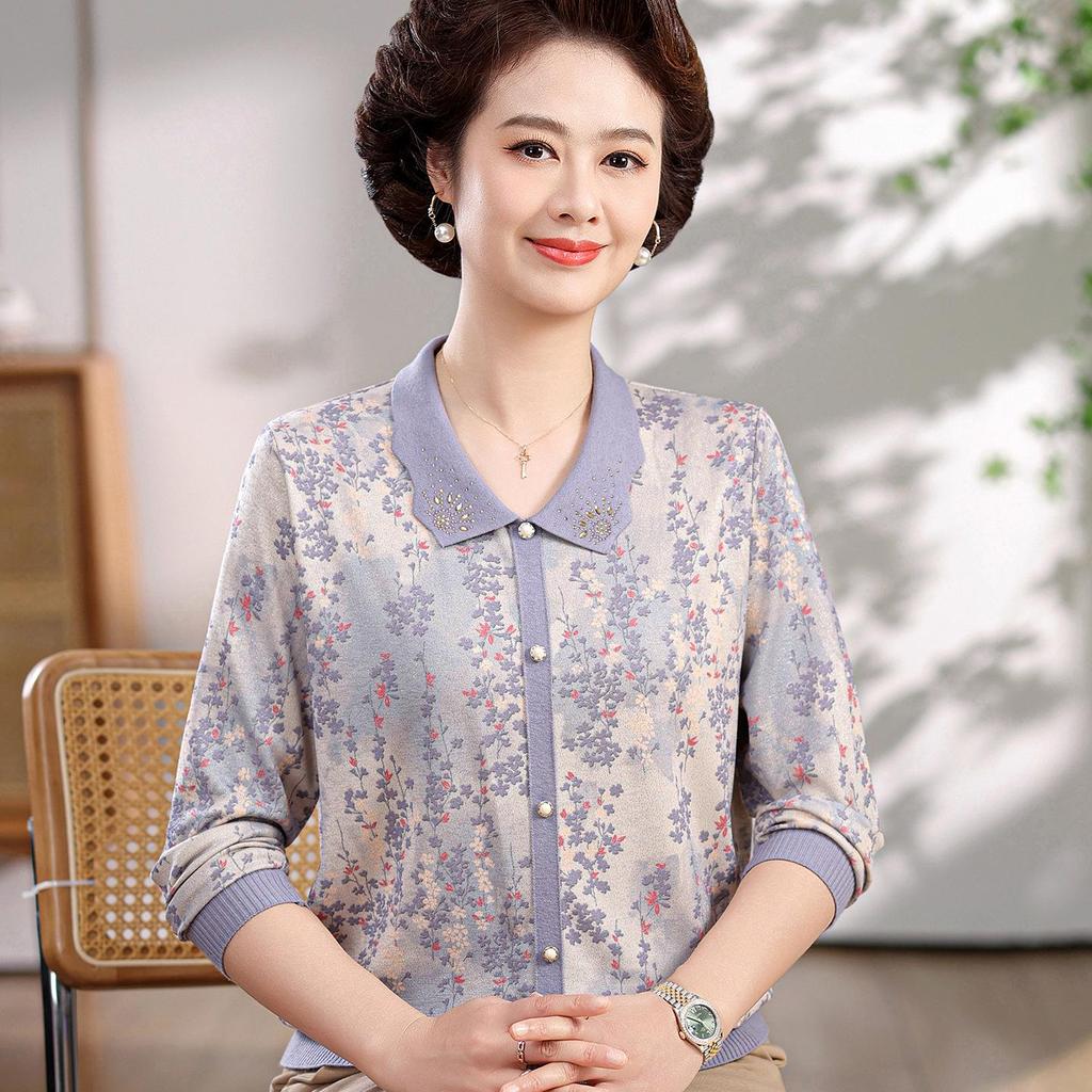 Elegant Spring Long-Sleeve Lapel T-Shirt for Stylish Middle-Aged Women