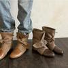 Western Cowboy Boots Autumn and Winter Round Head Lace-up Bow Medium Boots Sleeve Slim Short Boots Women