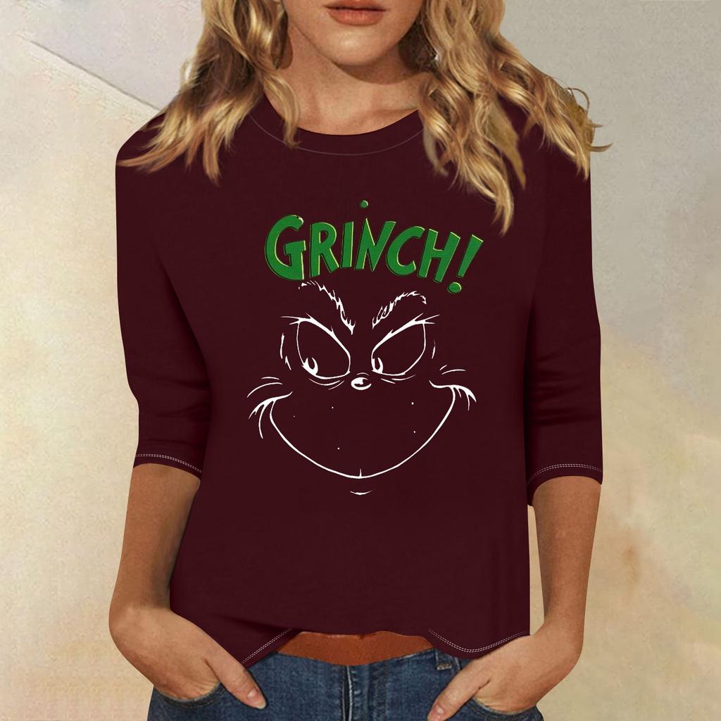 3/4 Sleeve Tops For Women T-Shirt Casual Christmas Print Tops T Shirt Round Neck Pullover Blouse