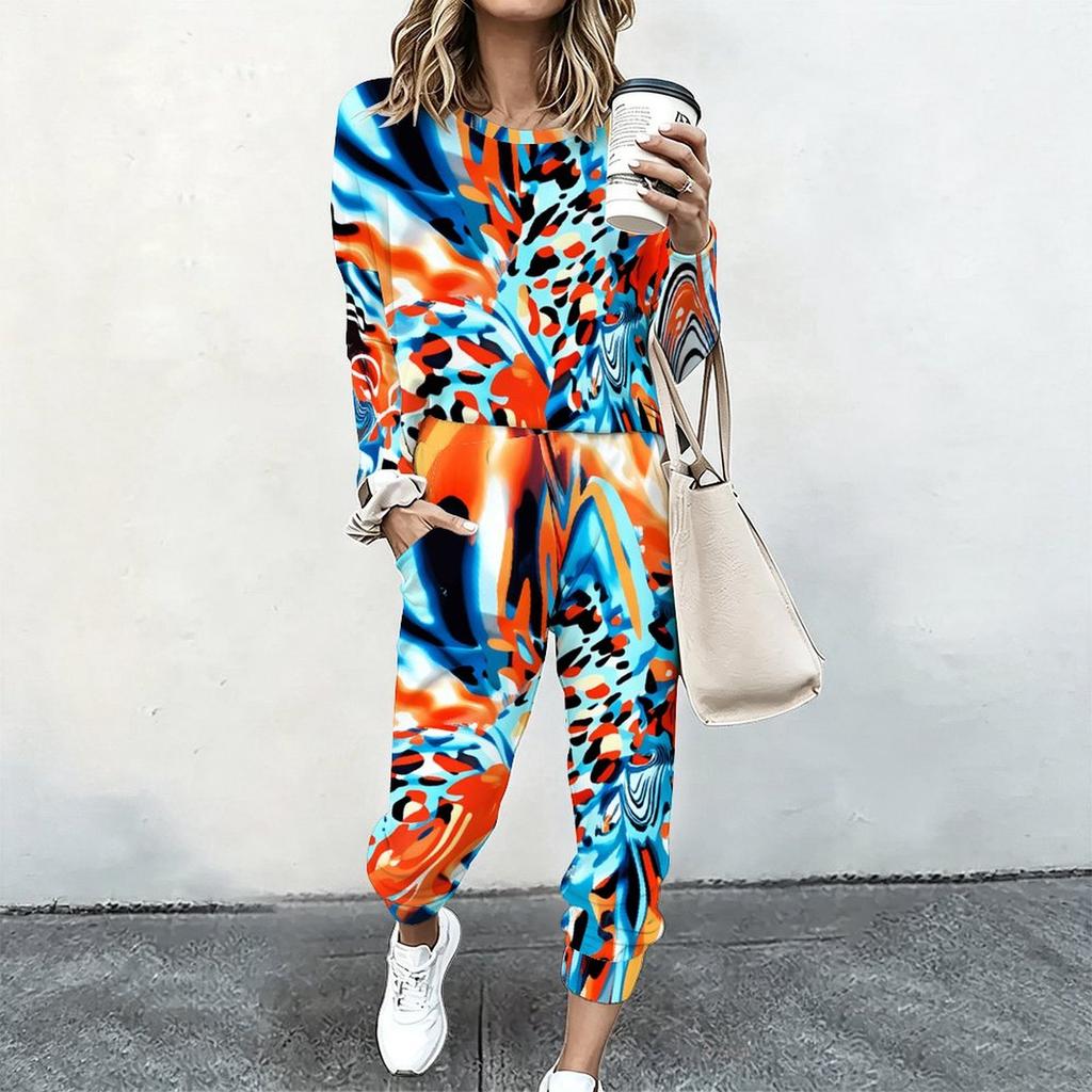 Female Long Sleeve Loose Blouse And Elastic Waist Straight Pants Two Piece Set For Casual Daily Life