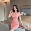 Spring and summer new sexy V-neck mesh yarn waist thin short-sleeved dress club foot bath technician hip-wrapped short skirt women