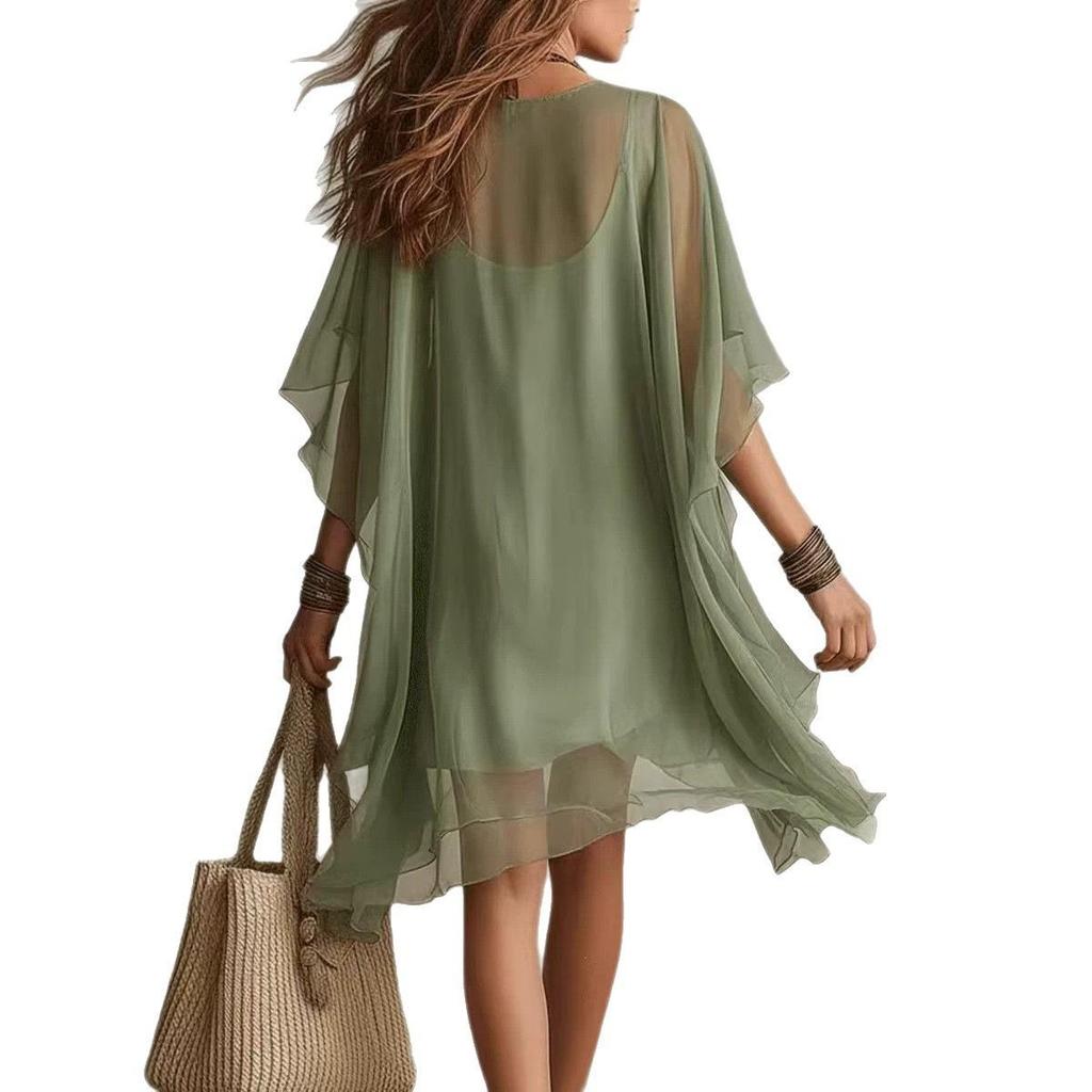 Abito estivo da donna in chiffon con scollo a V Set due pezzi Abito con spalline sottili con copricostume trasparente Gonna da spiaggia Vacanza al mare