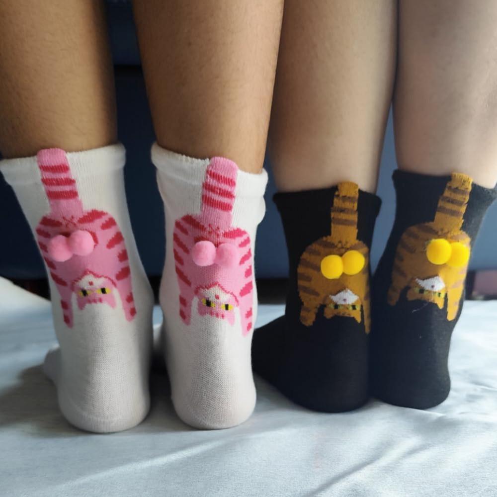 5 Pairs 3D Paws Cat Socks with Jingle Bell Collar & Fluffy Tail - Thick Thermal Winter Knee-High/Ankle Socks