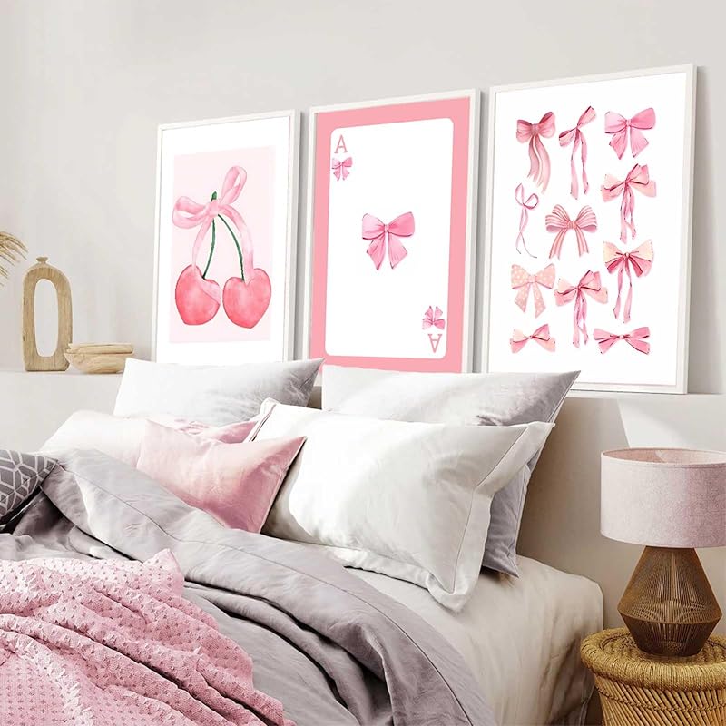 3 ks Trendy růžové mašle nástěnné umění Preppy akvarelové mašle plátno plakáty tisky dívčí estetika nástěnná dekorace obrázky pro kolejní byt ložnice