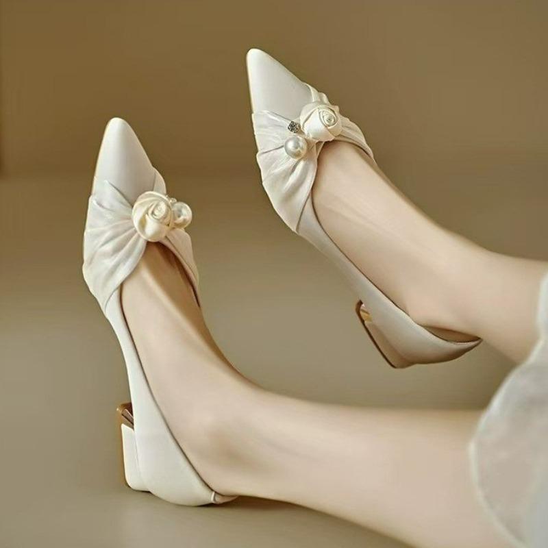 Flower Pearl Women Loafers Shoes Square Toe Heeled Sandals Summer 2025 Elegant Dress Wedding Shoes Chunky Shaloow Zapatos Mujer