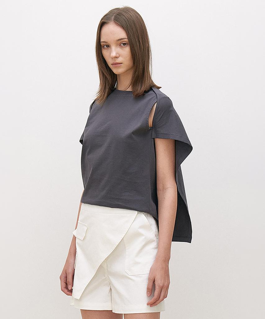 Seutimillon Bolero Cape Detail Short Sleeve T-Shirt_Charcoal