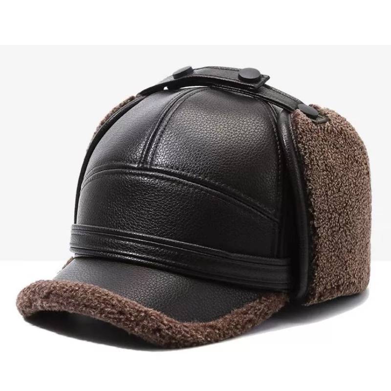 

Winter Thickened Cotton Ear Protection Hat Leather Baseball Adjustable Caps кавовий