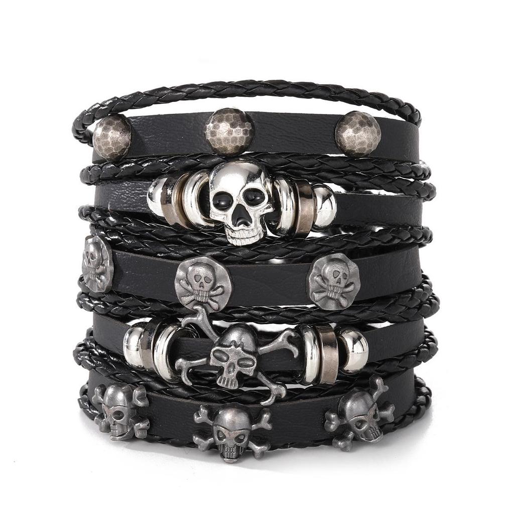 European & American Handmade Braided Leather Bracelet Set: Men's Hip Hop Punk Vintage Multi-layer Jewelry