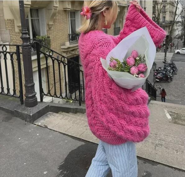 Europäischer & Amerikanischer Damen Strickpullover mit Rundhalsausschnitt & Trompetenärmeln