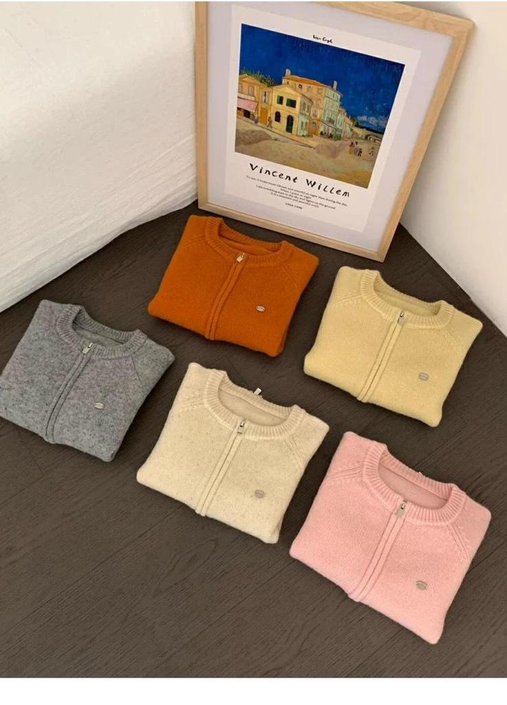 New Autumn European Style Women's 100% Pure Wool Zipper Cardigan - Retro Short Knit Sweater Coat