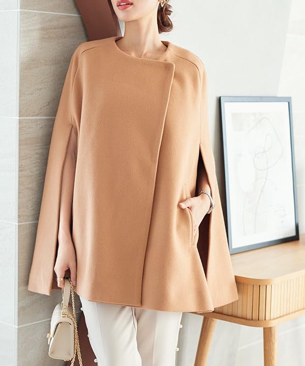 Kobe Lettuce Cape Poncho Coat for Camel Women's Coat, Collarless, Elegant, High-Quality Fall/Winter, [K1242] M,
