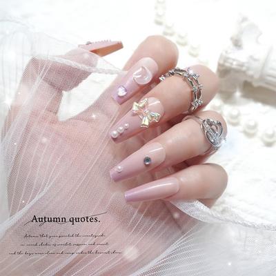 Pearlescent Gradient Bow Nail Art with Rhinestones - Long Wearable False Nail Tips
