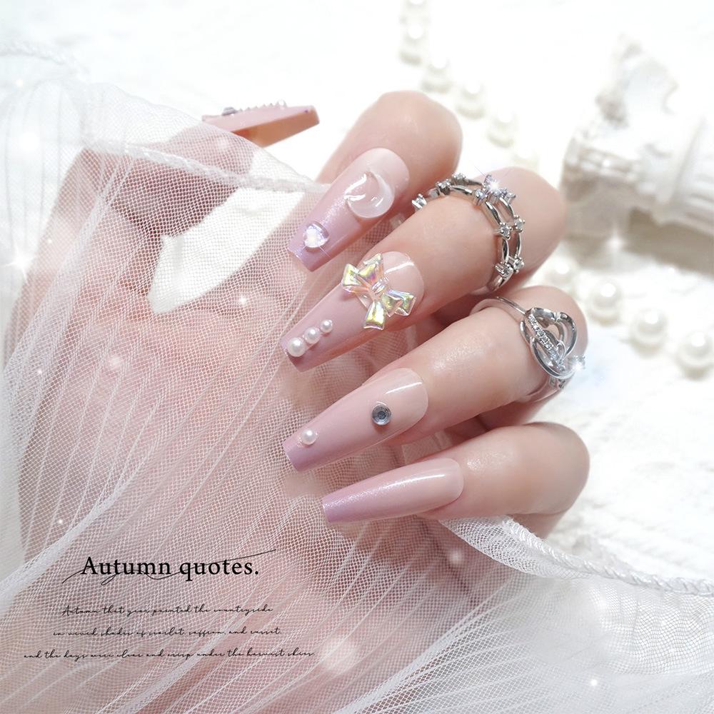Pearlescent Gradient Bow Nail Art with Rhinestones - Long Wearable False Nail Tips Glue Type N5273