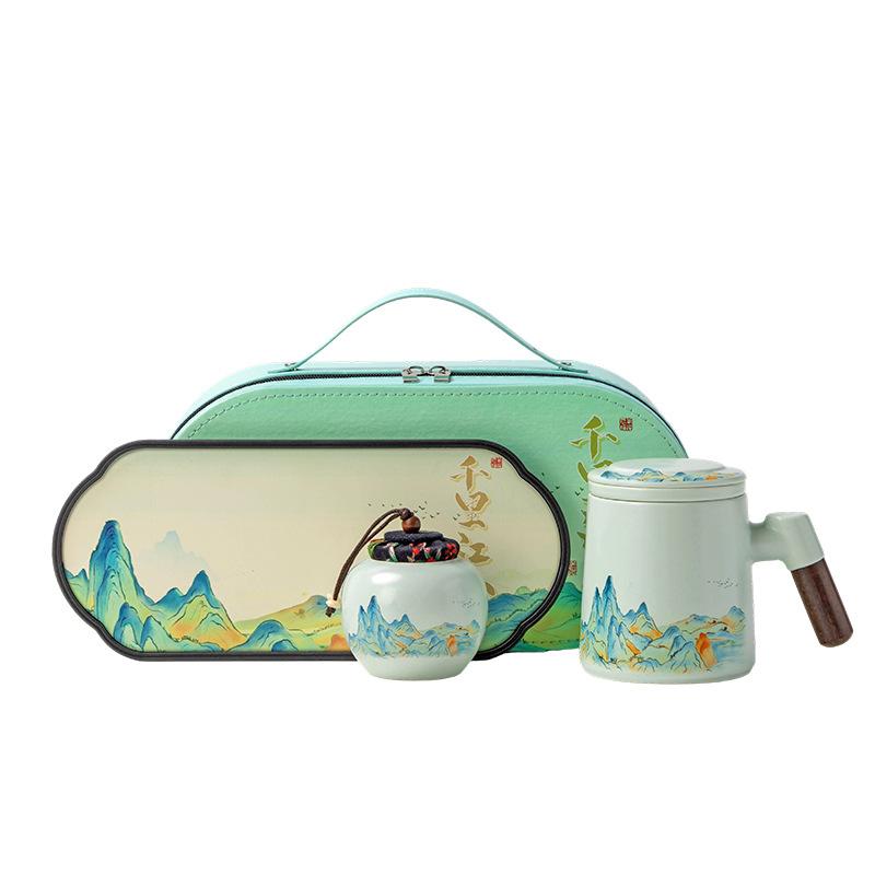 Thousand Miles of Jiangshan Travel Tea Set with Tea Separation Mug Chinese Souvenir Portable Bag