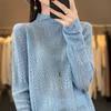 2025 Spring Worsted Wool Knit Sweater: Half-High Neck, Long Sleeve, Floral Hollow Design Pullover