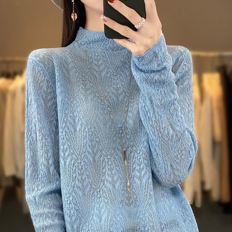 2025 Spring Worsted Wool Knit Sweater: Half-High Neck, Long Sleeve, Floral Hollow Design Pullover