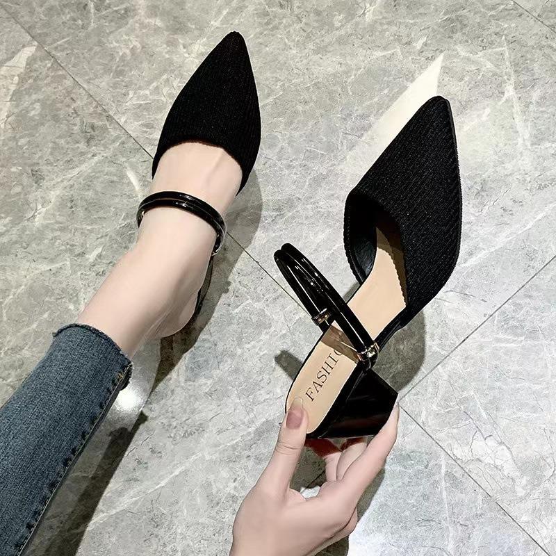 Pointed head bag head medium heel thick heel cool slippers half drag sandals women's summer 20 new cloth outer wear